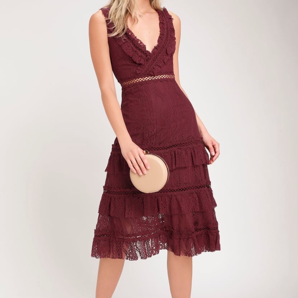 Lulus Burgundy Lace Ruffle Midi